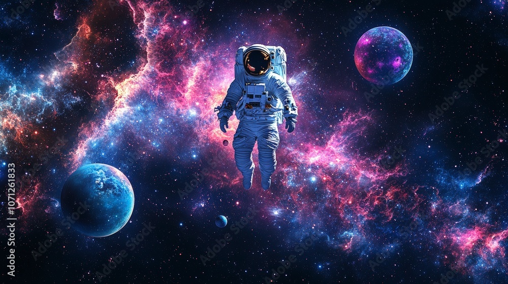 Poster astronaut floating in colorful outer space