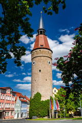 Medieval leaning tower (Falterturm) at Kitzingen in franconian Bavaria, Germany
