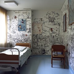 une chambre d'enfant Ã  l'hopital. elle est vide mais il y a des dessins colles sur les murs. generative ai
