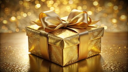 A golden gift box adorned with a shimmering satin bow, set against a backdrop of twinkling lights, evokes a sense of celebration and anticipation.