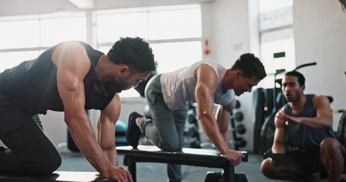 Coaching, dumbbell and personal trainer with people in gym for workout, exercise and fitness. Training, bodybuilder and sports athlete with person and weights for energy, wellness and teamwork