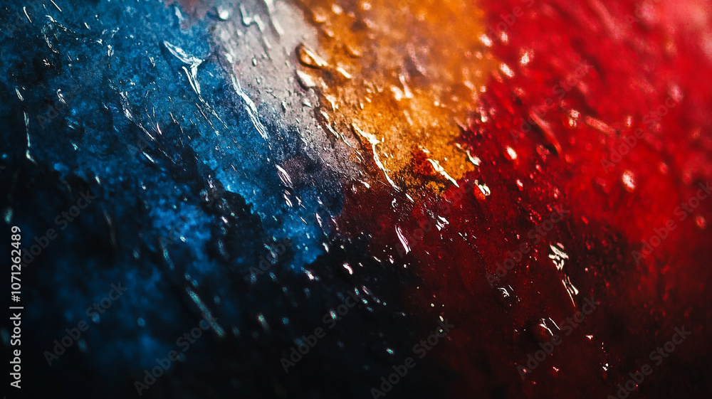 Poster vibrant abstract colors blend with droplets creating a textured surface illuminated by light