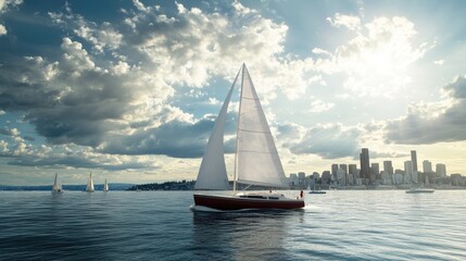 Obraz premium Sailboat on the Water with City Skyline in the Distance