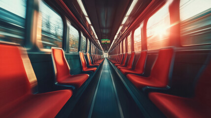 vibrant view of empty subway train interior, showcasing red seats and long corridor illuminated by sunlight. scene evokes sense of solitude and tranquility