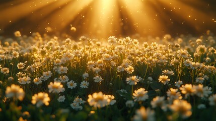 Fototapeta premium A field of daisies bathed in the warm glow of the morning sun.