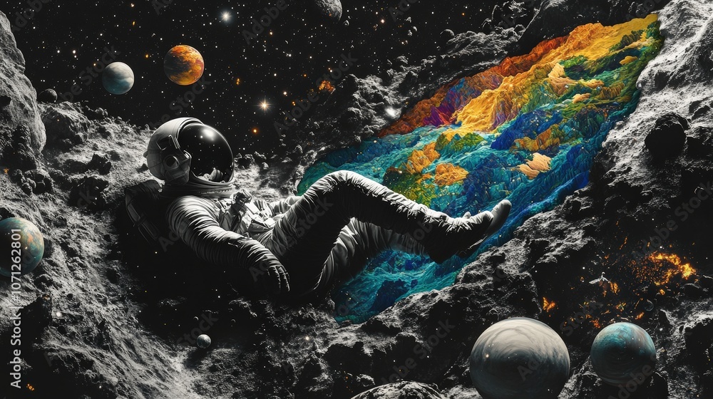 Poster astronaut floating in space with distant planets around