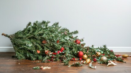 A Christmas tree tipped over, with decorations scattered around, symbolizing a holiday disaster