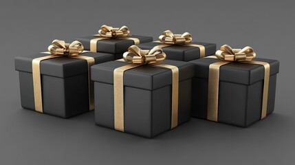 Five black gift boxes with gold ribbon and bow on gray background.
