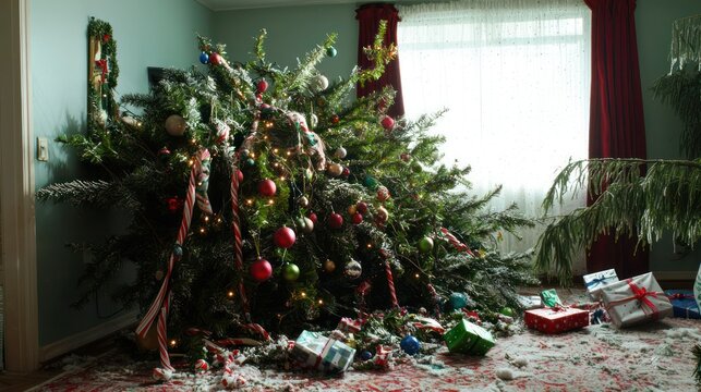 A Christmas tree tipped over, with decorations scattered around, symbolizing a holiday disaster