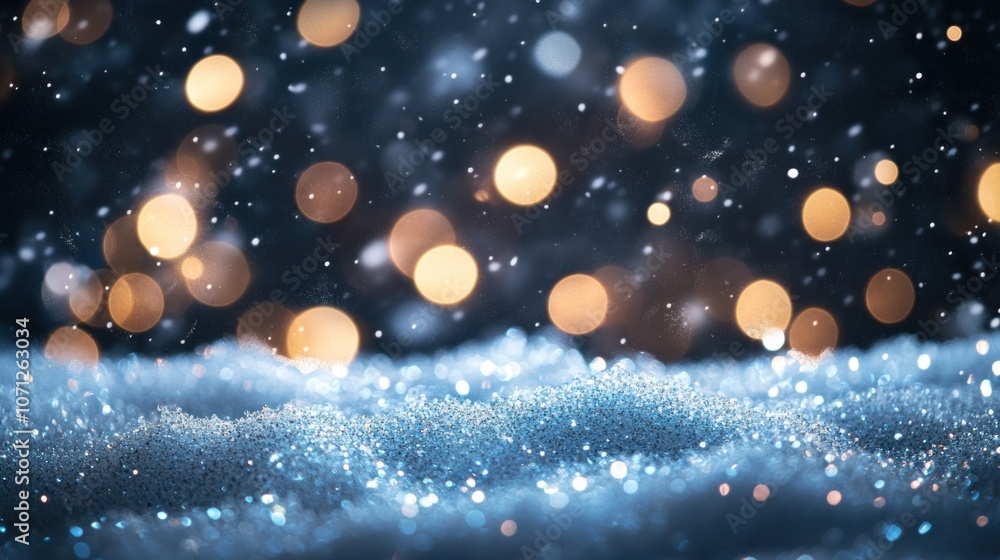 Poster a winter scene with snow and bokeh lights creating a festive and magical atmosphere in the night tim