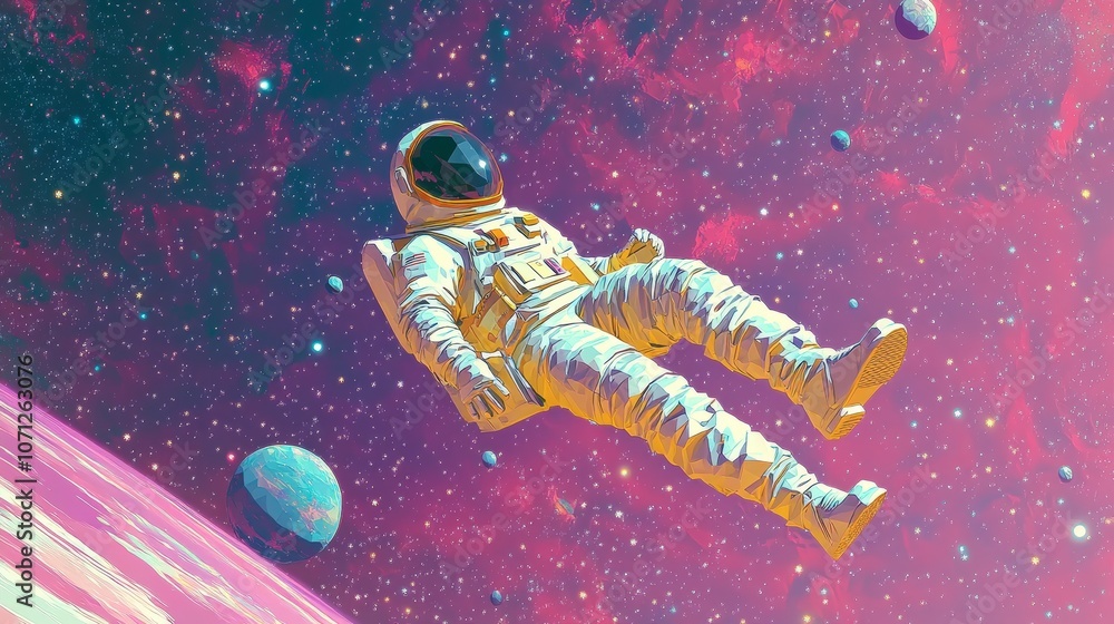Aufkleber astronaut floating in outer space with distant planets