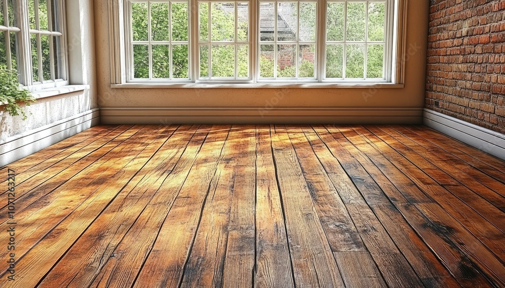 Poster empty room with wooden floor and windows. great for showcasing products or adding text.