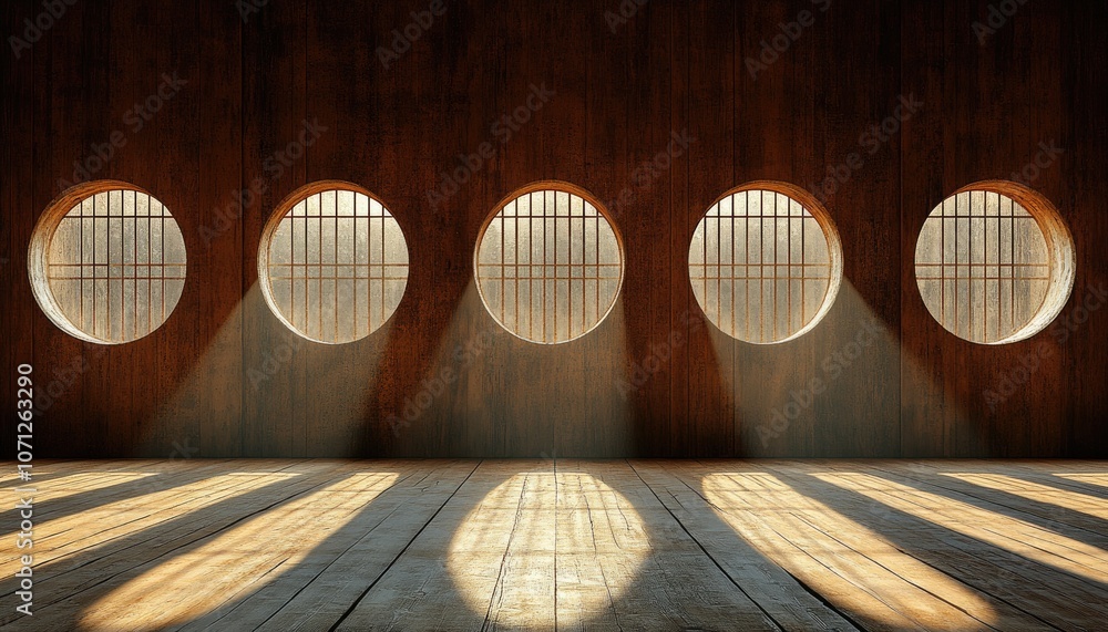 Poster a rustic room with round windows. this image features a room with five round windows and a wooden fl