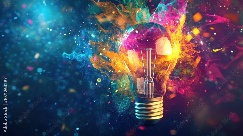 Poster a lightbulb surrounded by colorful smoke and splashes of paint creating an artistic and vibrant effe