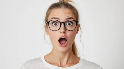 Surprised blonde woman with glasses expressing shock and amazement. Her wide eyes and open mouth convey strong emotional reaction, capturing moment of unexpected surprise