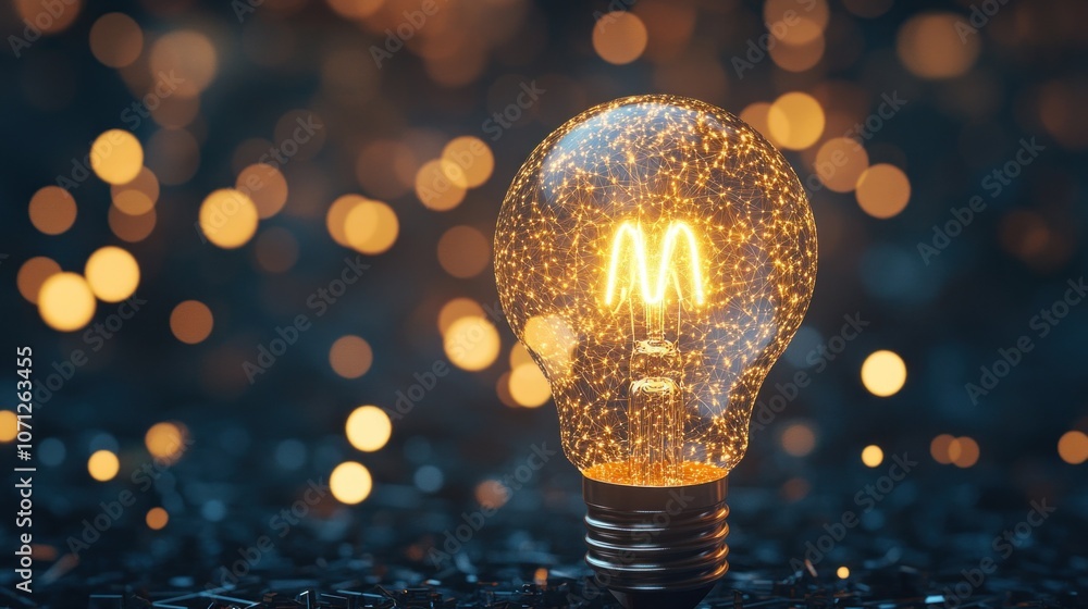 Poster a glowing light bulb with intricate patterns illuminated against a blurred background of bokeh light