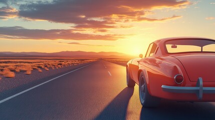 Naklejka premium Classic Car on Desert Road at Sunset