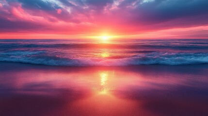 Fototapeta premium Vibrant Sunset Over Ocean Horizon with Reflections
