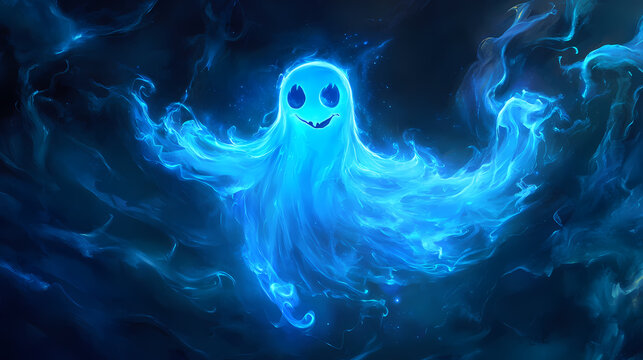 A bright blue ghost with a cheerful expression appears amidst swirling fog in a dark environment. Glowing. Illustration