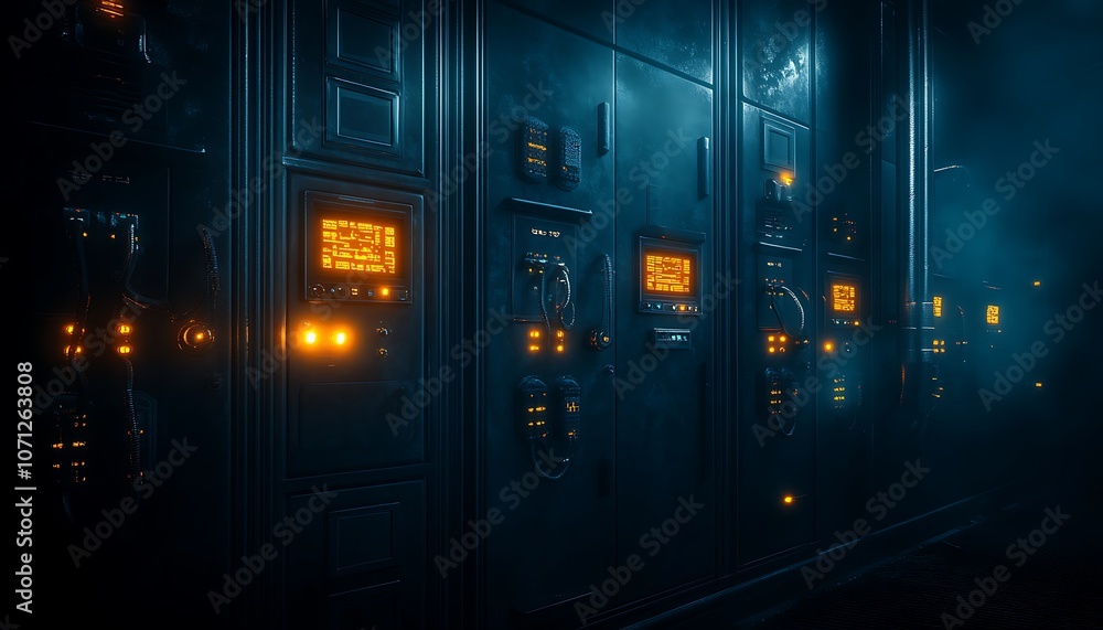 Poster a dimly lit server room with glowing orange displays against dark, metallic surfaces, creating a fut
