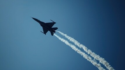 A jet leaving behind a long smoke trail as it flies across a clear blue sky.