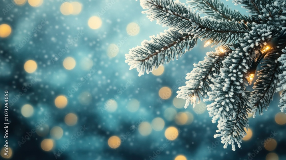 Poster a frosted pine branch with bokeh lights creating a festive and wintery christmas background scene im