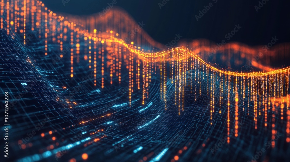 Poster Abstract visualization of data flow with glowing lines and points in a digital network environment