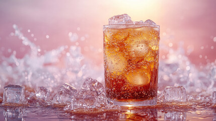 Refreshing drink with ice cubes, sparkling bubbles, and vibrant background, perfect for summer enjoyment