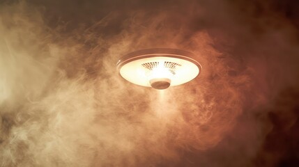 Fototapeta premium A smoke alarm emitting a loud signal with faint smoke rising around it.