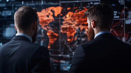 Business Leaders Analyzing Global Market Trends with Advanced Technology Insights