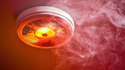 A smoke alarm emitting a loud signal with faint smoke rising around it.