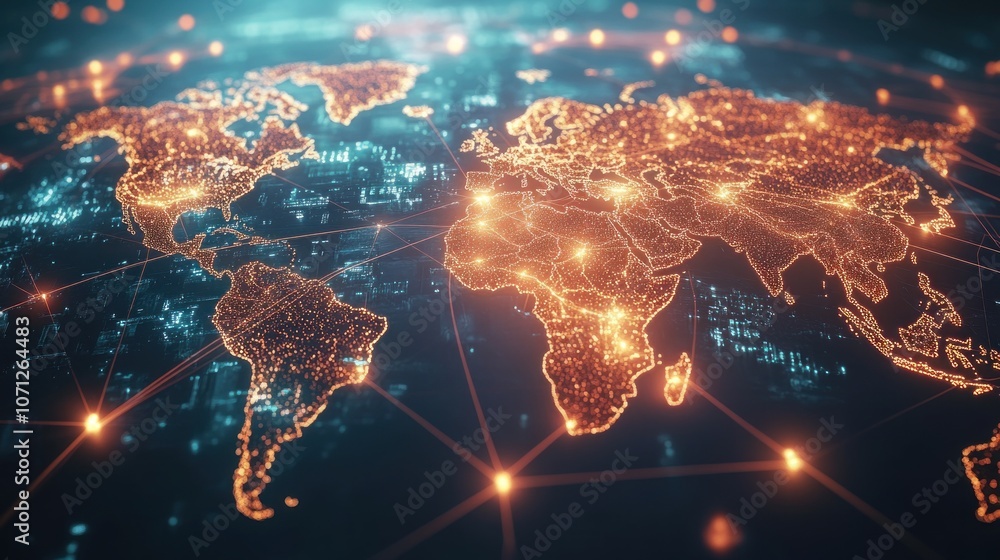 Poster a glowing world map with interconnected lines representing global network and communication technolo