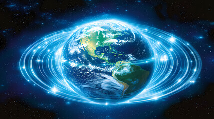 Obraz premium A digital representation of the earth with glowing lines extending outward, symbolizing global connection, communication, technology, and the interconnectedness of the world. Glowing. Illustration