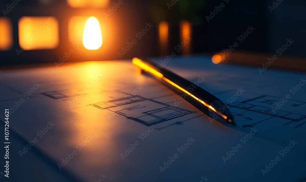 Poster A close-up of a pen resting on blueprints, illuminated by warm candlelight, creating a serene atmosphere for creative design or architectural work.