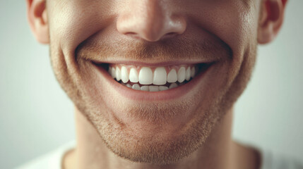 Fototapeta premium close up of smiling man showcasing bright, white teeth and cheerful expression. image captures warmth and positivity of genuine smile against neutral background
