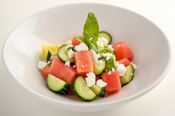 Refreshing summer salad with watermelon, cucumber and feta cheese