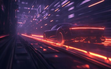 A futuristic car races through a neon-lit corridor, surrounded by dynamic light trails, showcasing high-speed motion and vibrant digital aesthetics.