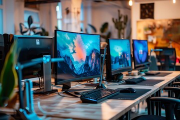 Naklejka premium Modern office interior with a lot of computer and equipment