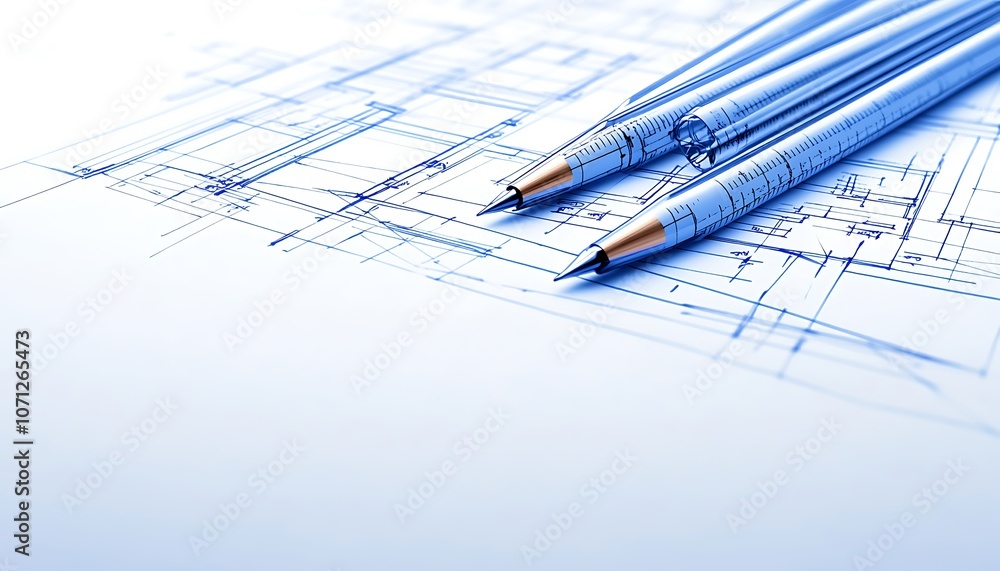 Poster three blue pens resting on a blueprint background, emphasizing design and planning in a professional