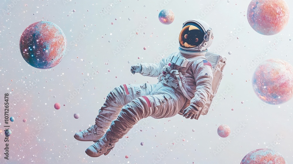 Poster astronaut floating in outer space among distant planets