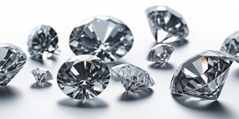 Multiple cut diamonds sparkle on a reflective white surface.