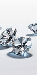 Multiple cut diamonds sparkle on a reflective white surface.