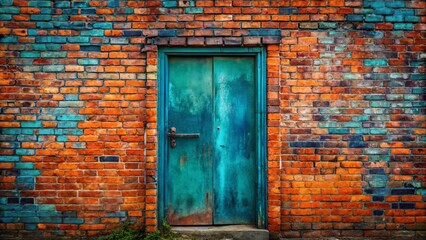 A weathered teal door stands out against the backdrop of a brick wall, its rusted surface hinting at the passage of time and the stories it holds within.