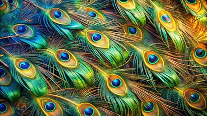 A symphony of emerald, azure, and gold iridescent peacock feathers arranged in a captivating pattern.