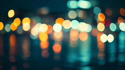 Fototapeta premium Colorful bokeh lights reflecting on water during a calm evening by the city waterfront