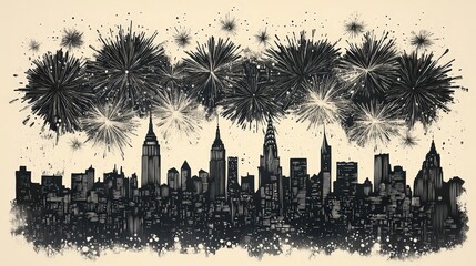 Fireworks Display Above City Skyline on New Year's Eve