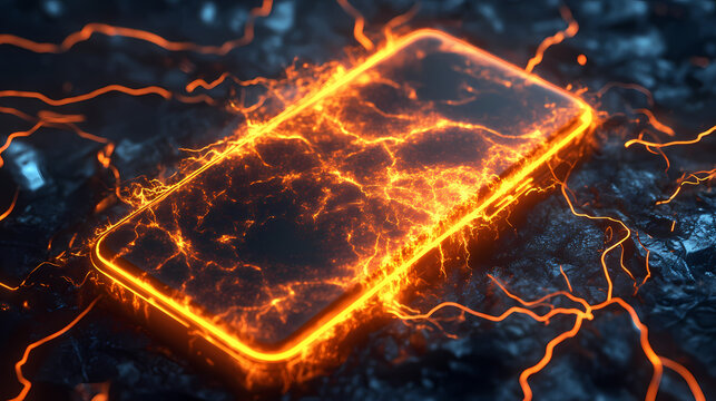 A glowing smartphone surrounded by electric sparks and energy, symbolizing powerful and fast charging technology. Glowing. Illustration
