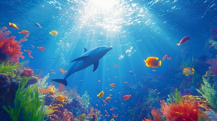 Naklejka premium wide-angle lens, A school of fish swimming in the deep blue ocean, with colorful tropical fish and a dolphin at different depths. generative ai