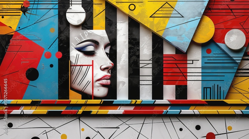 Poster abstract portrait with geometric patterns, colorful blocks, modern and dynamic composition