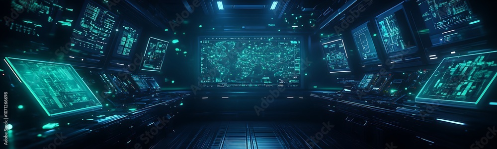 Aufkleber a futuristic, immersive digital space with glowing blue holograms and screens, creating a high-tech 